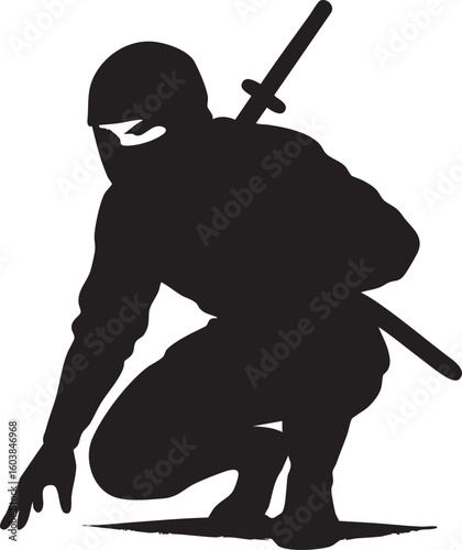 Ninja Black Silhouette Warrior on White Background - shadow, fighter, Japanese culture, swordsman
