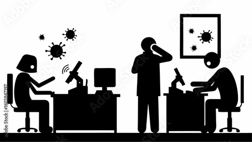 Illustration of people working in a lab with microscopes and viruses in the air and on the wall art