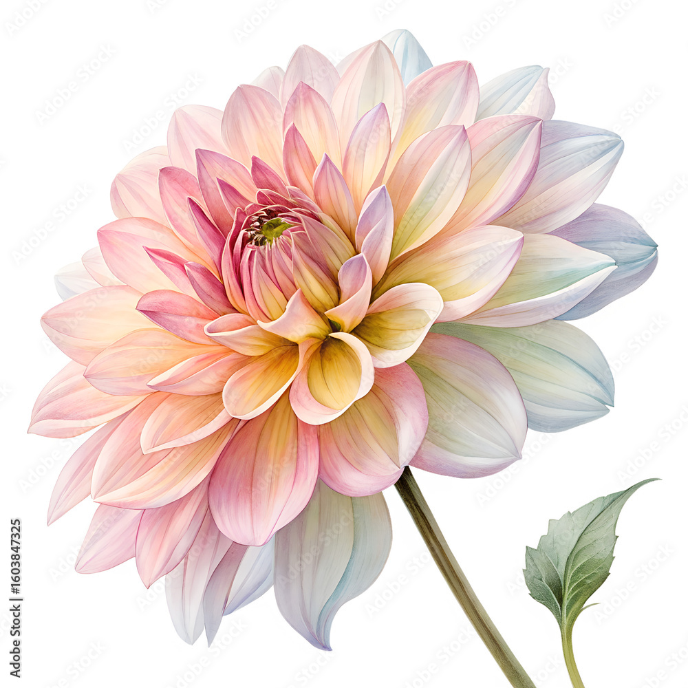 Obraz premium Watercolor Dahlia Flower Illustration with Stem and Leaf on transparent background