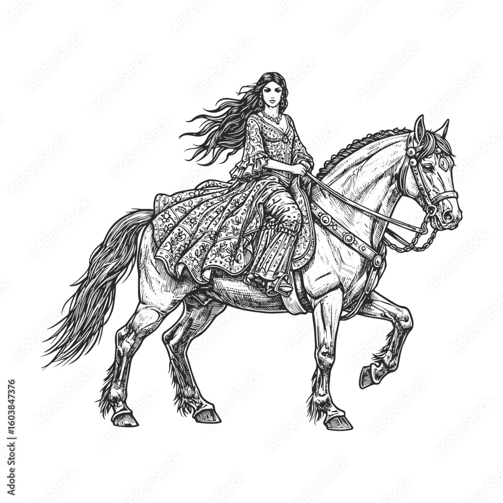 Fototapeta premium Elegant royal victorian woman riding horse with long hair wearing ornate baroque dress, crown, and jewelry, detailed line art.