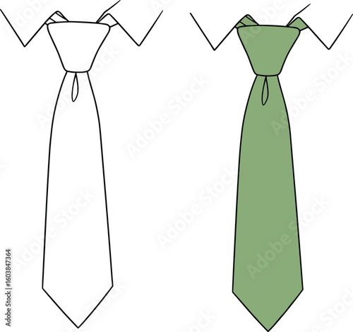 Necktie fashion CAD drawing, flat vector illustration of green and white ties, apparel accessory design for menswear, formal clothing mockup