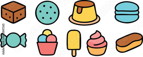 A colorful set of eight sweet dessert icons, including a brownie, cookie, pudding, macaron, candy, ice cream, cupcake, and eclair, in a flat design style.