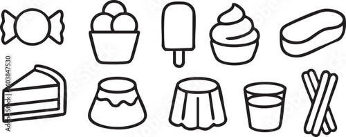 A set of ten black line art icons representing various sweets and desserts, including cake, ice cream, candy, pudding, and an eclair, on a white background.