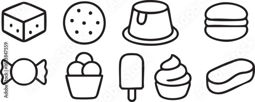 A minimalist set of black line art icons showing various sweets and desserts like cookies, ice cream, candy, and pudding.