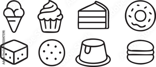 A collection of eight black and white line art icons depicting various sweet desserts and pastries.