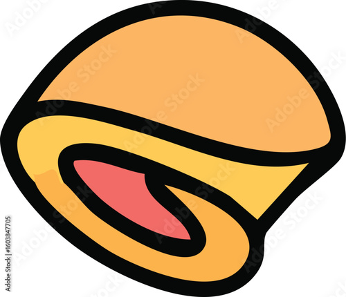 A colorful cartoon icon of a sliced Swiss roll cake with a pink jelly swirl filling.