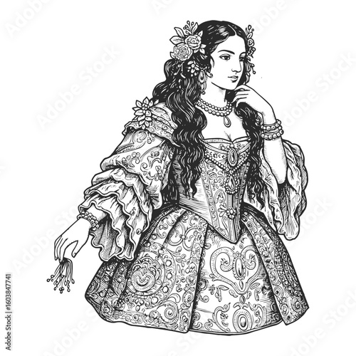 Elegant royal victorian woman with long hair wearing ornate baroque dress, crown, and jewelry, detailed line art.