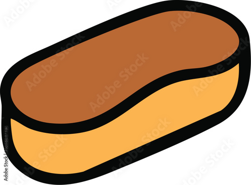 A stylized illustration of a chocolate éclair, an oblong pastry with a brown glaze.