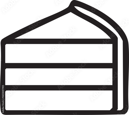 A minimalist black line art icon of a triangular slice of a multi-layered cake with frosting.