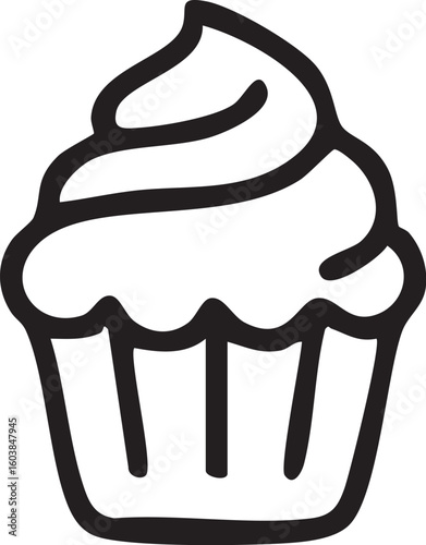 A simple black and white line art icon of a cupcake with a swirl of frosting on top.