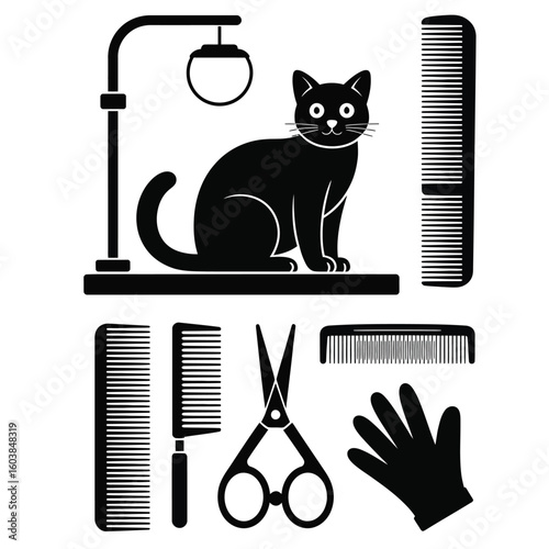 Cat grooming set with comb, fur remover glove, grooming table, and clipper in black and white vector illustration style