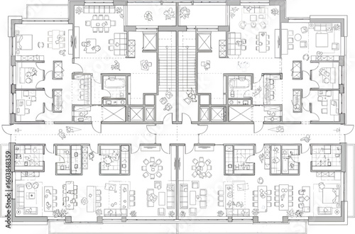 Detailed architectural floor plan blueprint showing the layout of a multi story residential building with multiple apartments