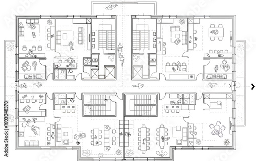 Detailed architectural floor plan drawing of a multi story residential building with multiple units and interior layouts