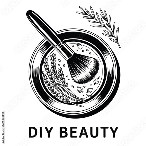 DIY beauty set with stainless steel mixing bowl, natural ingredients, makeup brush, and rosemary sprig in black and white vector