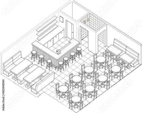 Detailed isometric line drawing of a bustling open plan office space filled with desks and chairs