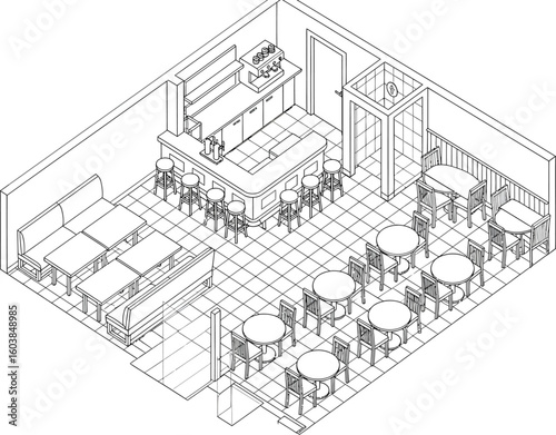 Isometric architectural sketch of a cozy cafe interior with seating areas and a service counter