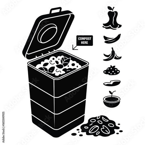 Composting icon set with compost bin, organic waste, apple core, banana peel, and coffee grounds in black and white vector