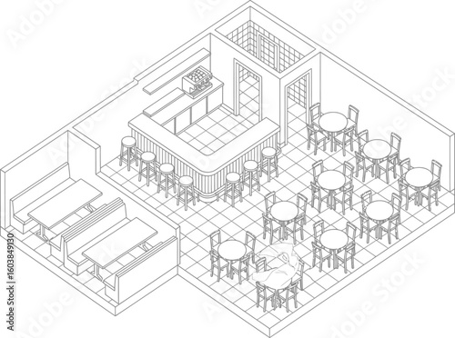 Isometric sketch of a cozy restaurant interior with a bar and dining tables showcasing a lively atmosphere