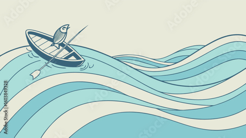 A serene illustration of a bird perched in a boat sailing on stylized blue and white waves design