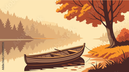 A serene autumn landscape featuring a wooden rowboat on a calm lake with trees and foliage in warm tones