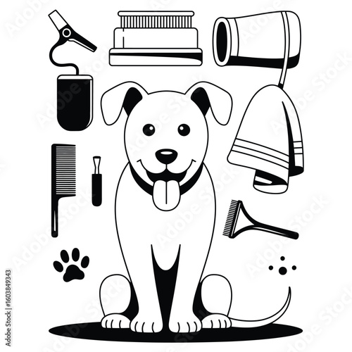 Dog grooming essentials with nail clipper, slicker brush, towel, and dryer in black and white vector illustration style