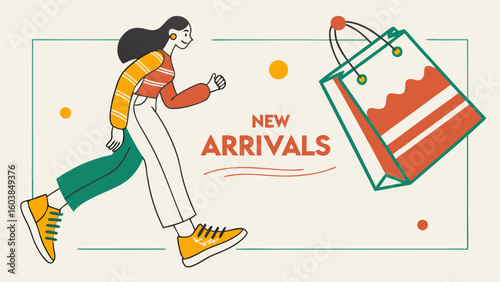 Excited shopper running towards a colorful shopping bag announcing new arrivals representing fashion and retail