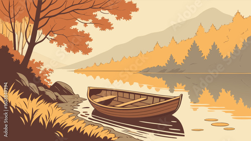 A serene lakeside scene featuring a wooden rowboat resting near the shore with autumn foliage trees