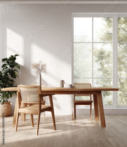 Light-filled dining room with wooden table and chairs