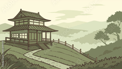 A traditional japanese building on a hill with a winding path and distant mountains in the background