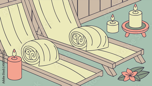 Illustration of two lounge chairs with rolled towels and candles in a spa setting outdoors