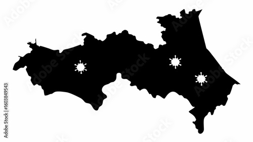 Black silhouette of a geographical region with three asterisk shaped marks scattered across the area shown