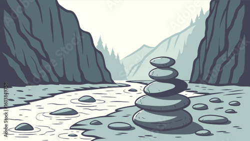 A serene landscape featuring a balanced stack of stones near a river flowing between mountains and trees
