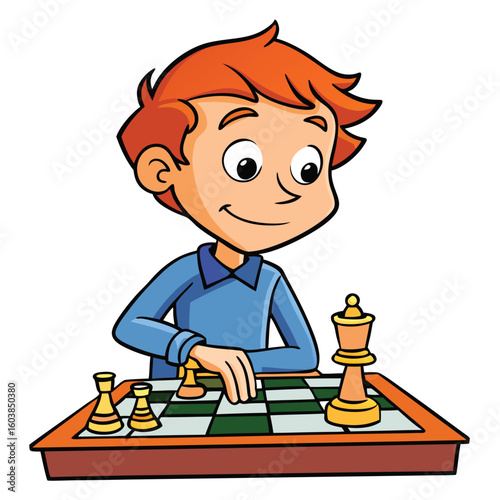 Young Boy Playing Chess:  A Cartoon Illustration of a Child Concentrating on a Chess Game