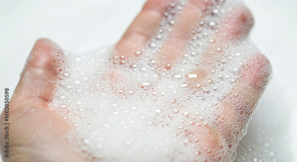 Fototapeta premium Close up of hands covered in white soap bubbles