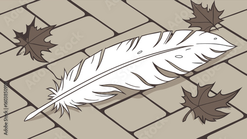A white feather lying on a brick surface surrounded by three brown maple leaves in autumn scene
