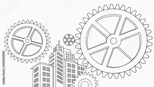 Illustration showing gears interacting with city buildings in a black and white drawing style