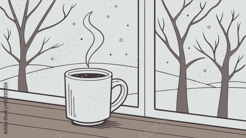 A steaming mug sits on a windowsill overlooking a snowy winter scene with bare trees outside the window