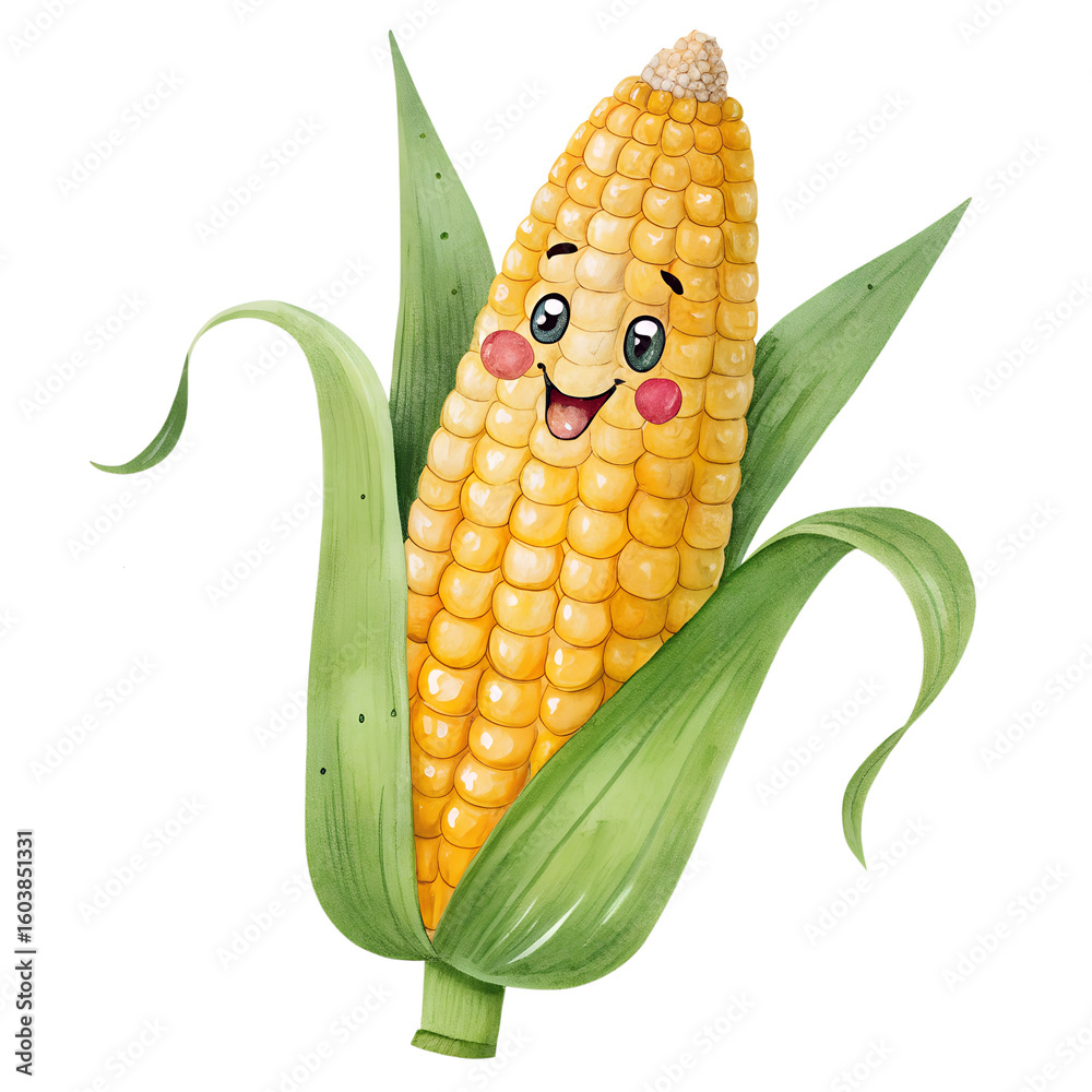 Obraz premium Cute Watercolor Corn Character with a Happy Face on Transparent Background