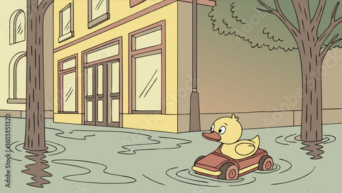 A cartoon scene depicts a flooded street with a yellow rubber ducky riding in a toy car through water