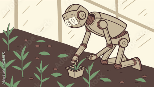 A cartoon robot tending to a garden with young plants in a greenhouse environment with light colors