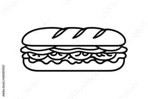 Simple Outline of a Fresh Sub Sandwich - Ideal for Menu and Food-Related Designs