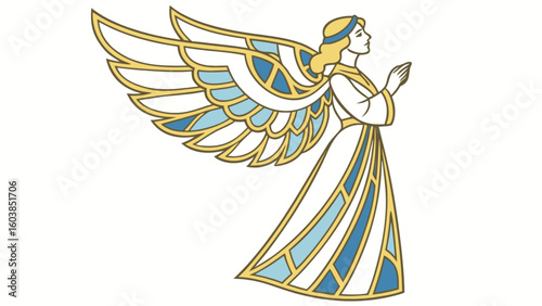 Illustration of a stylized angel with blue and gold accents praying with folded hands sideways view
