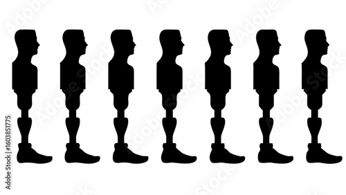 Seven black silhouettes of mannequins with prosthetic legs in a row on a white background