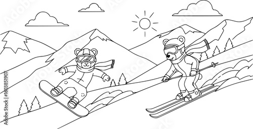 two cartoon bears enjoying winter sports on snowy mountain slopes, black and white, simple line drawing, clouds in the sky,  