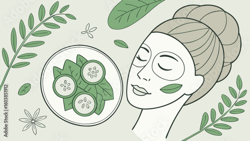 A woman with a facial mask and cucumber slices on a plate surrounded by green leaves and plants