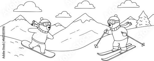 two cartoon bears enjoying winter sports on snowy mountain slopes, black and white, simple line drawing, clouds in the sky,  