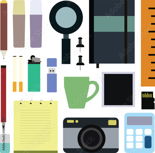 Editable Flat Office and Study Essentials Vector Icon Set on White Background. Stationery, Gadgets, Tools, and Supplies Collection for Business, Education, and Creative Projects