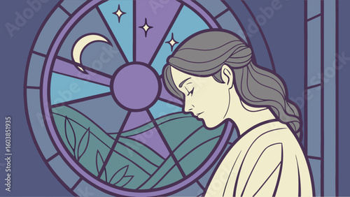 Woman with gray hair in profile before a round stained glass window with moon and stars design