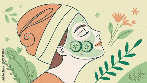 Illustration of a woman with a face mask and cucumber slices, surrounded by floral elements and leaves