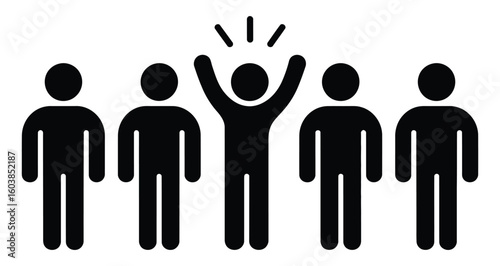 one person raising arms among group of five silhouettes, concept illustration representing leadership, individuality and standing out on white